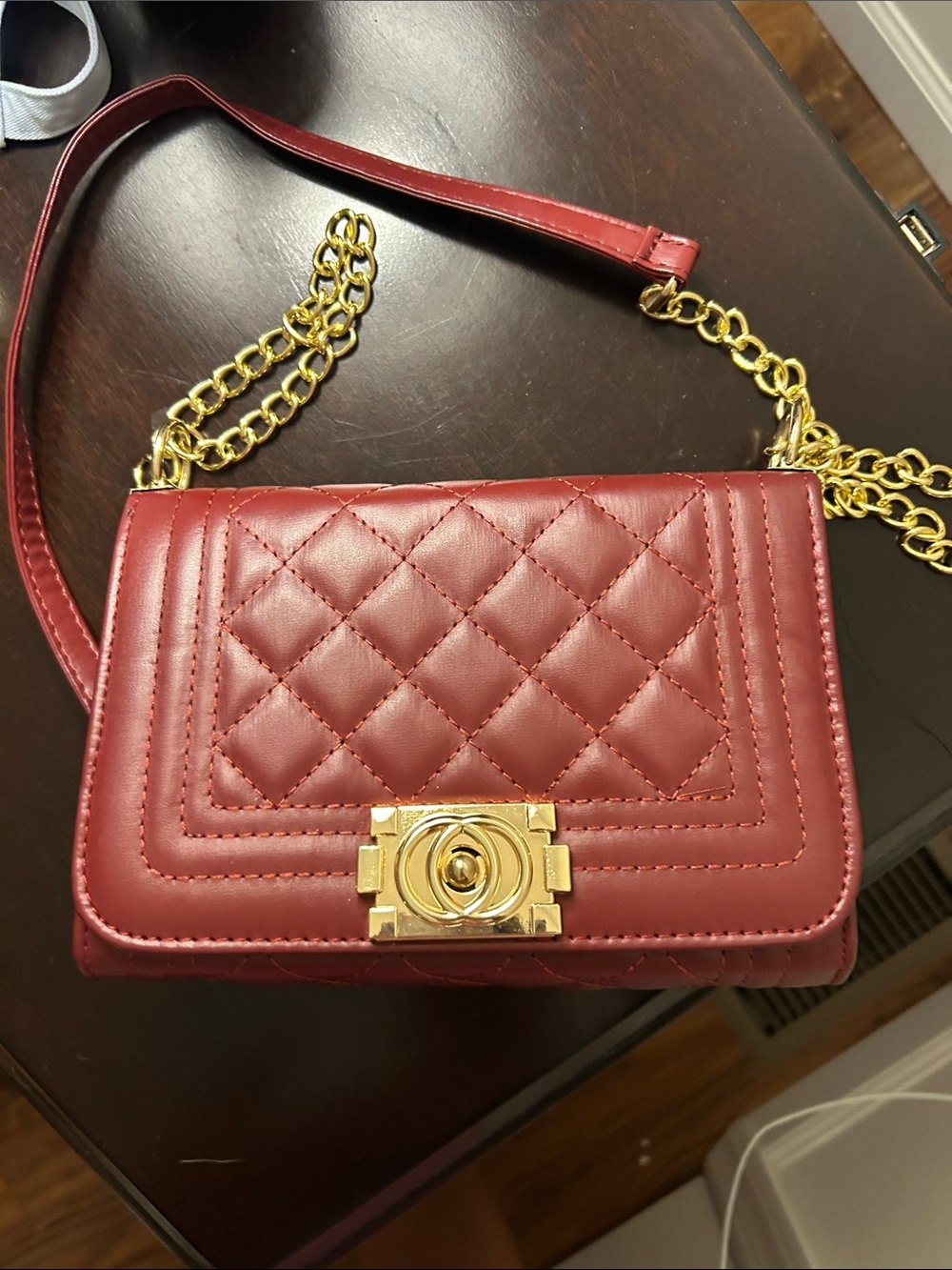 Quilted Red Leather Crossbody Bag with Gold Chain